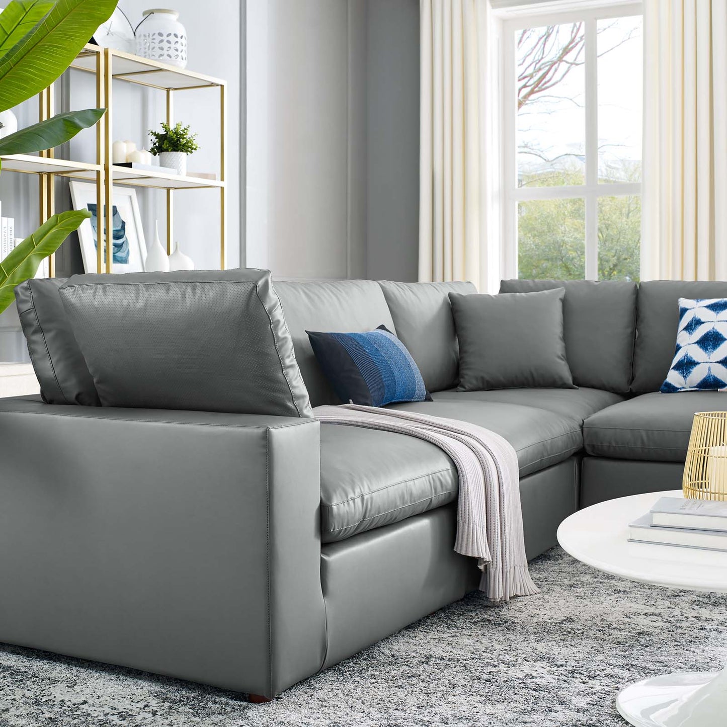 Commix Down Filled Overstuffed Vegan Leather 5-Piece Sectional Sofa, Faux Vegan Leather, Grey Gray, 20715