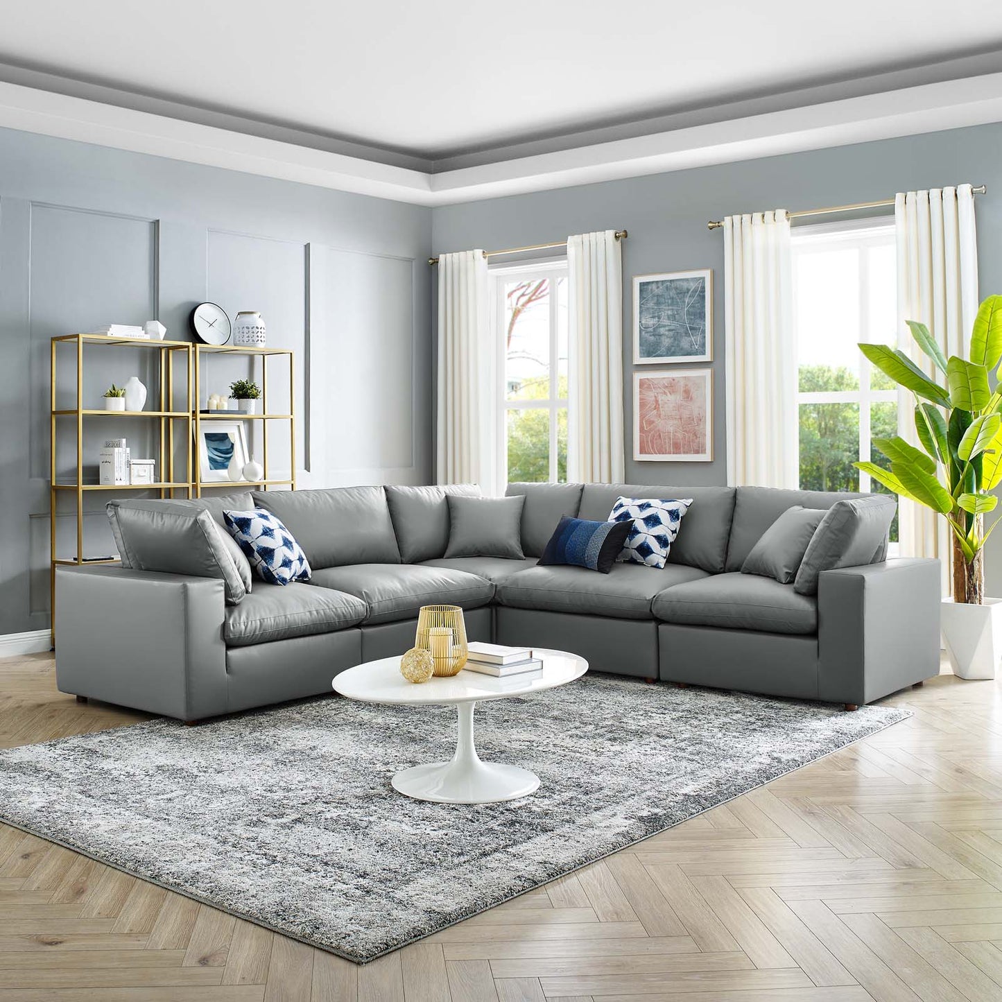 Commix Down Filled Overstuffed Vegan Leather 5-Piece Sectional Sofa, Faux Vegan Leather, Grey Gray, 20715