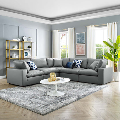 Commix Down Filled Overstuffed Vegan Leather 5-Piece Sectional Sofa, Faux Vegan Leather, Grey Gray, 20715