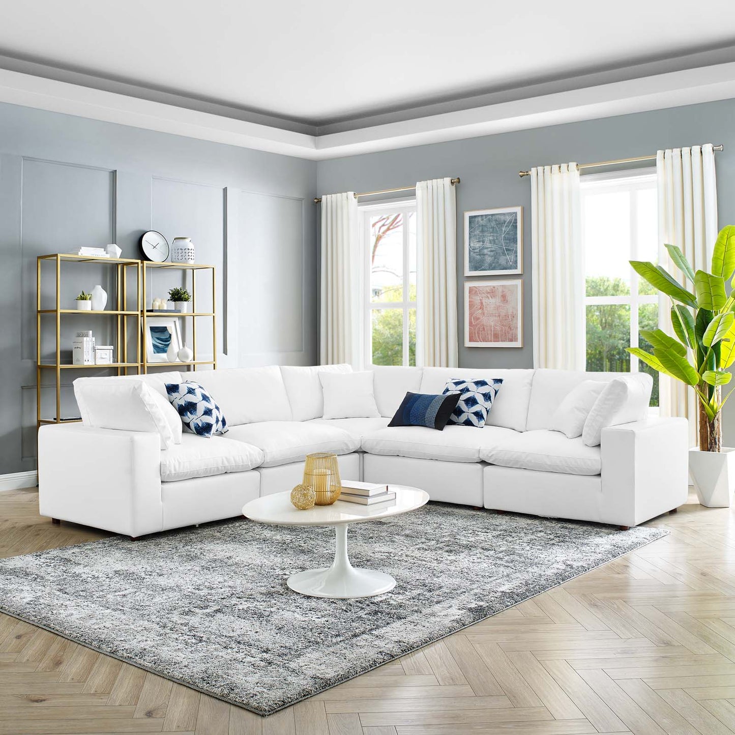 Commix Down Filled Overstuffed Vegan Leather 5-Piece Sectional Sofa, Faux Vegan Leather, White, 20717