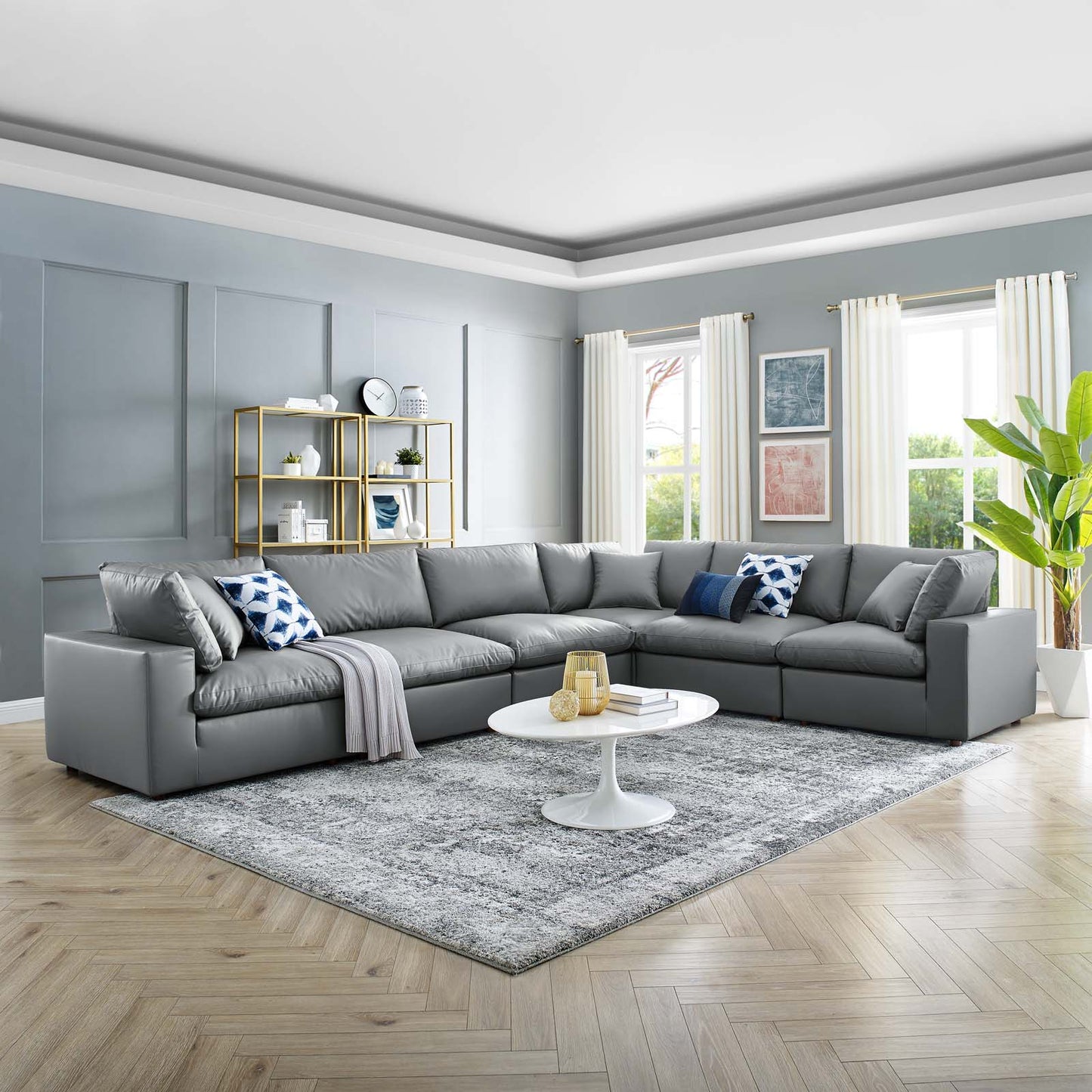 Commix Down Filled Overstuffed Vegan Leather 6-Piece Sectional Sofa, Faux Vegan Leather, Grey Gray, 20718