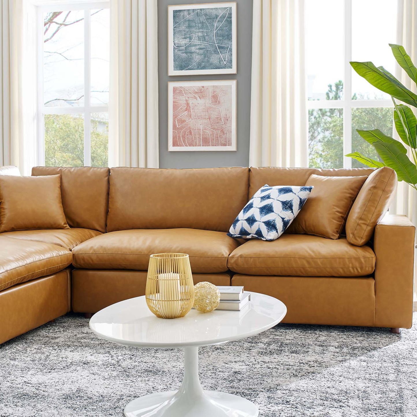 Commix Down Filled Overstuffed Vegan Leather 6-Piece Sectional Sofa, Faux Vegan Leather, Tan, 20719