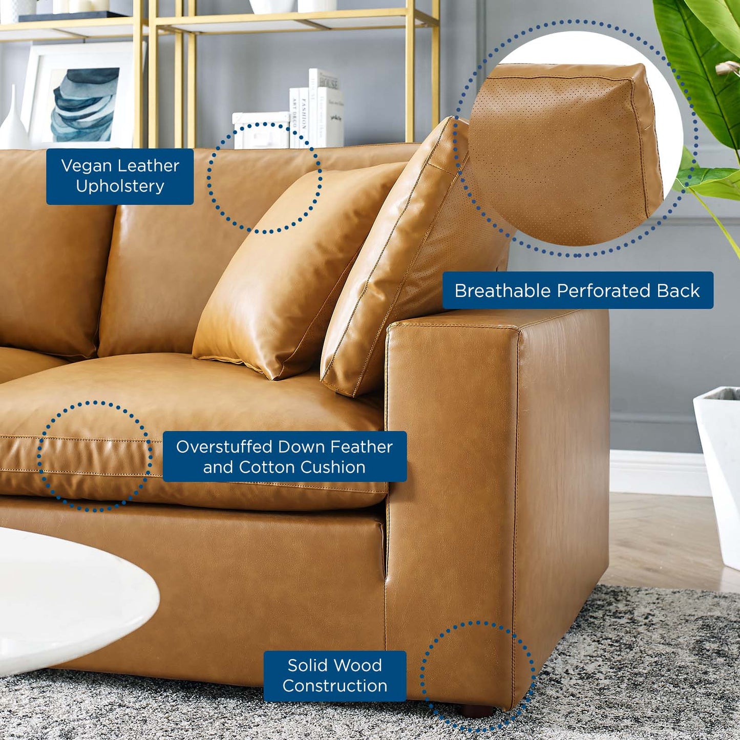 Commix Down Filled Overstuffed Vegan Leather 6-Piece Sectional Sofa, Faux Vegan Leather, Tan, 20719
