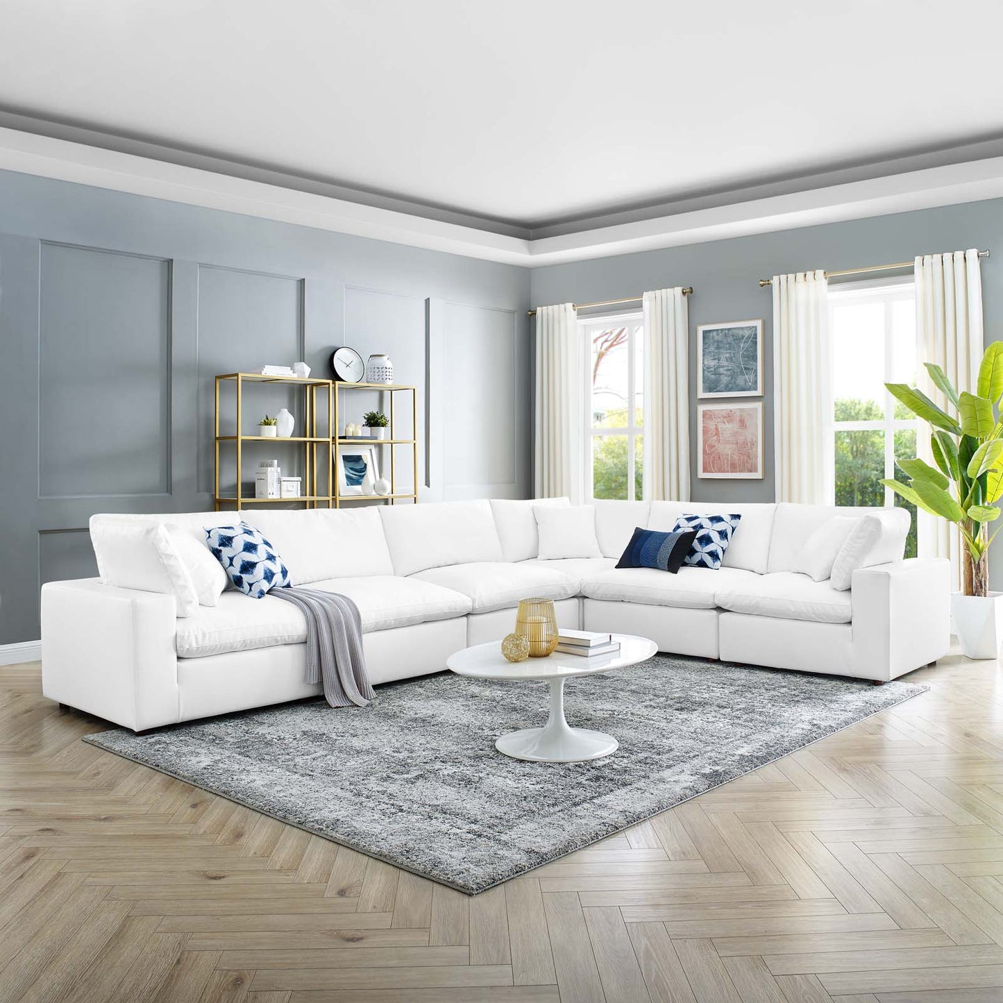Commix Down Filled Overstuffed Vegan Leather 6-Piece Sectional Sofa, Faux Vegan Leather, White, 20720