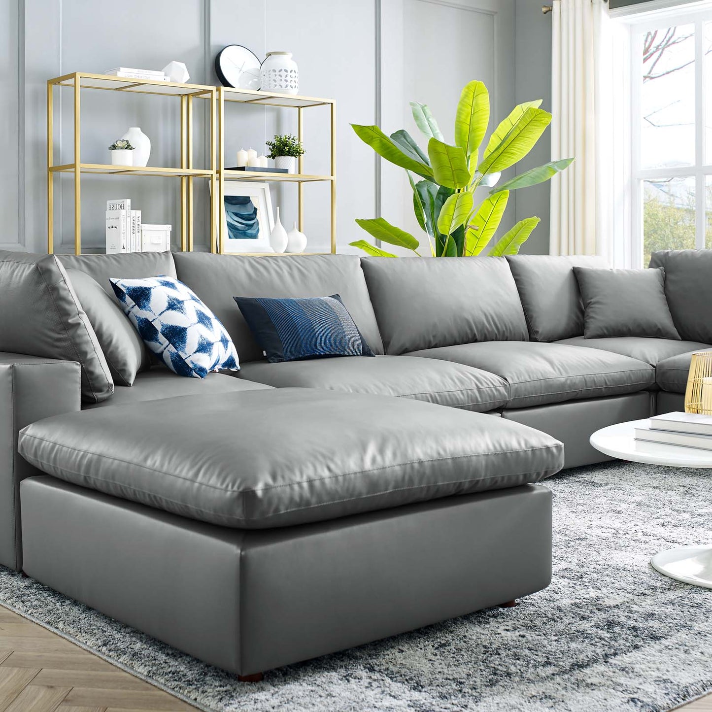 Commix Down Filled Overstuffed Vegan Leather 7-Piece Sectional Sofa, Faux Vegan Leather, Grey Gray, 20721