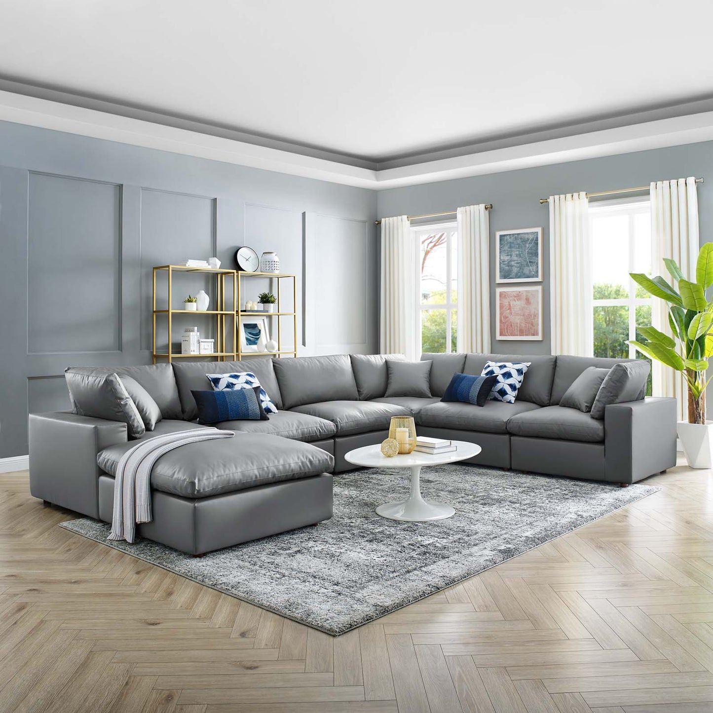 Commix Down Filled Overstuffed Vegan Leather 7-Piece Sectional Sofa, Faux Vegan Leather, Grey Gray, 20721