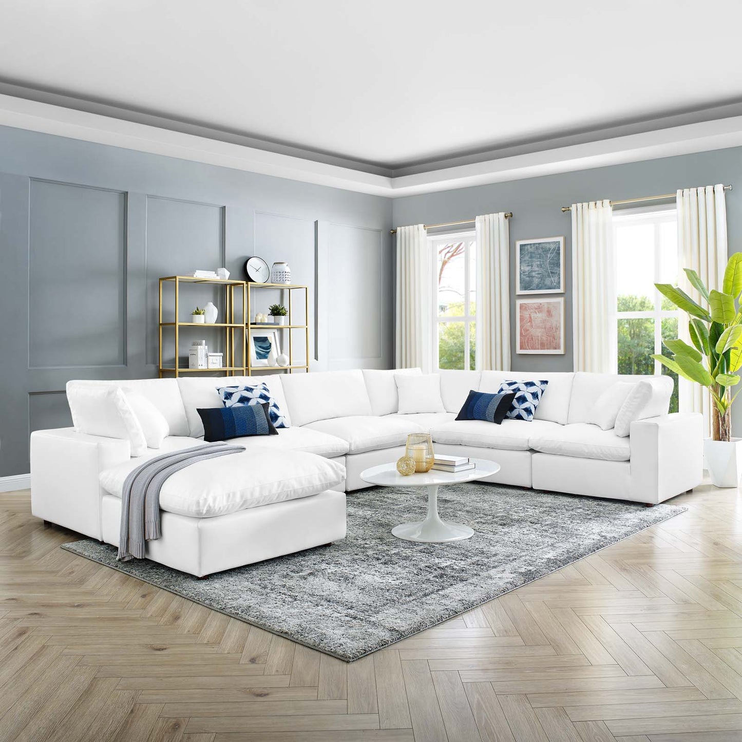 Commix Down Filled Overstuffed Vegan Leather 7-Piece Sectional Sofa, Faux Vegan Leather, White, 20723