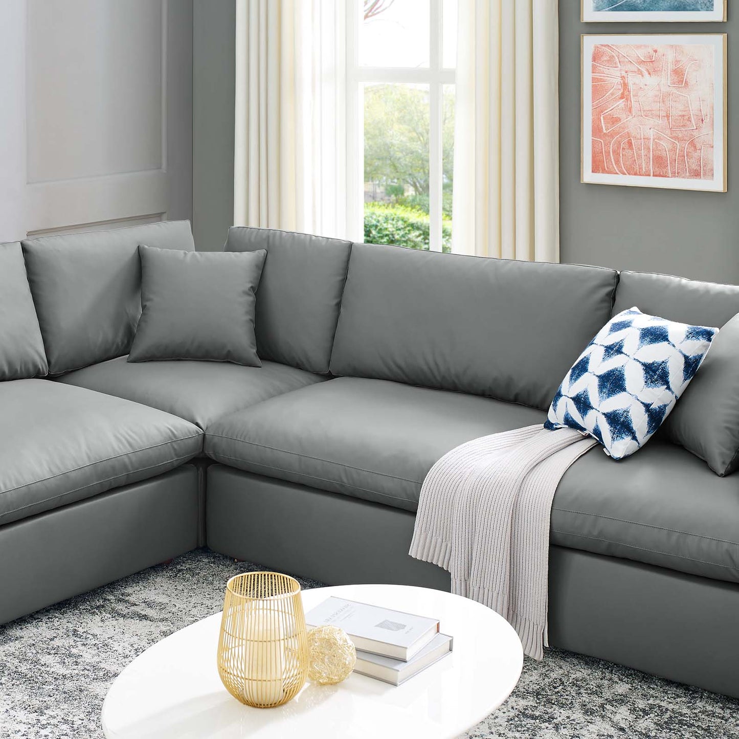 Commix Down Filled Overstuffed Vegan Leather 8-Piece Sectional Sofa, Faux Vegan Leather, Grey Gray, 20724