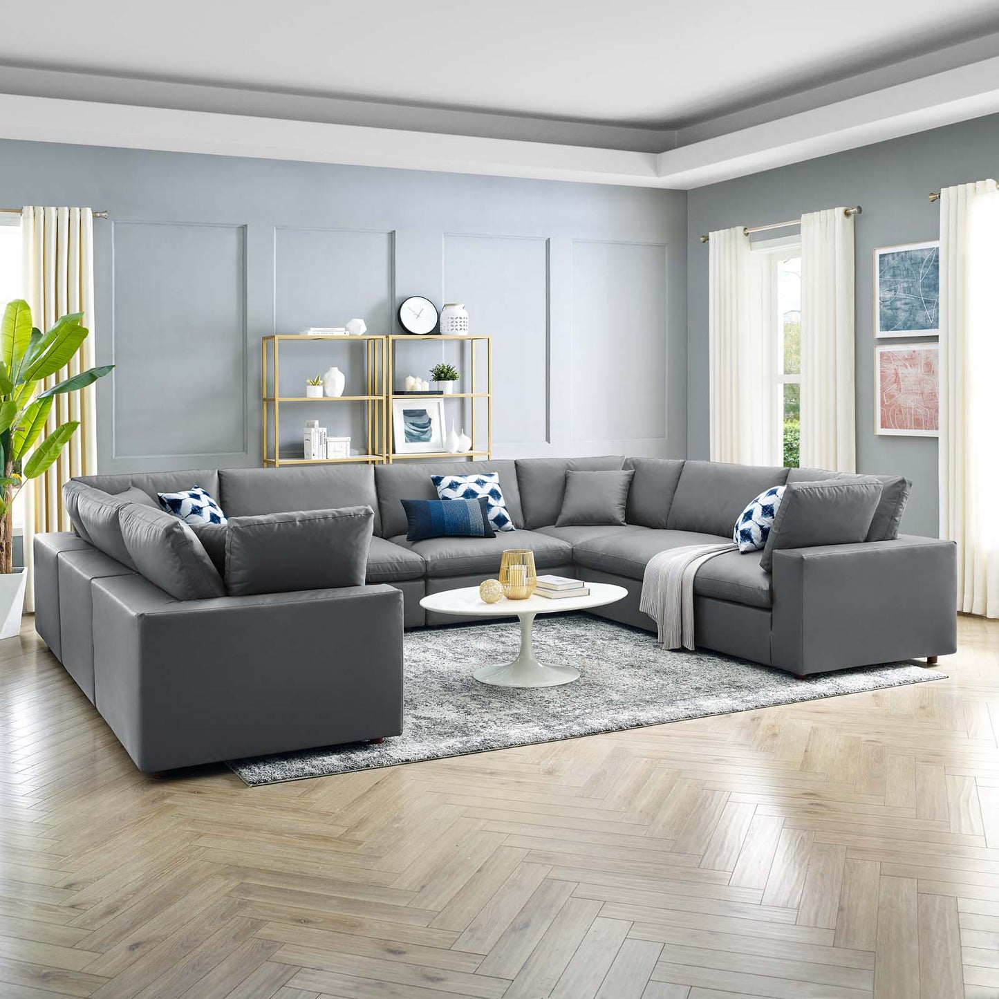Commix Down Filled Overstuffed Vegan Leather 8-Piece Sectional Sofa, Faux Vegan Leather, Grey Gray, 20724