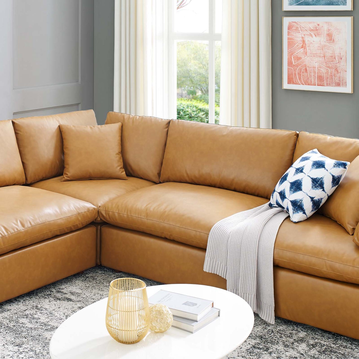 Commix Down Filled Overstuffed Vegan Leather 8-Piece Sectional Sofa, Faux Vegan Leather, Tan, 20725