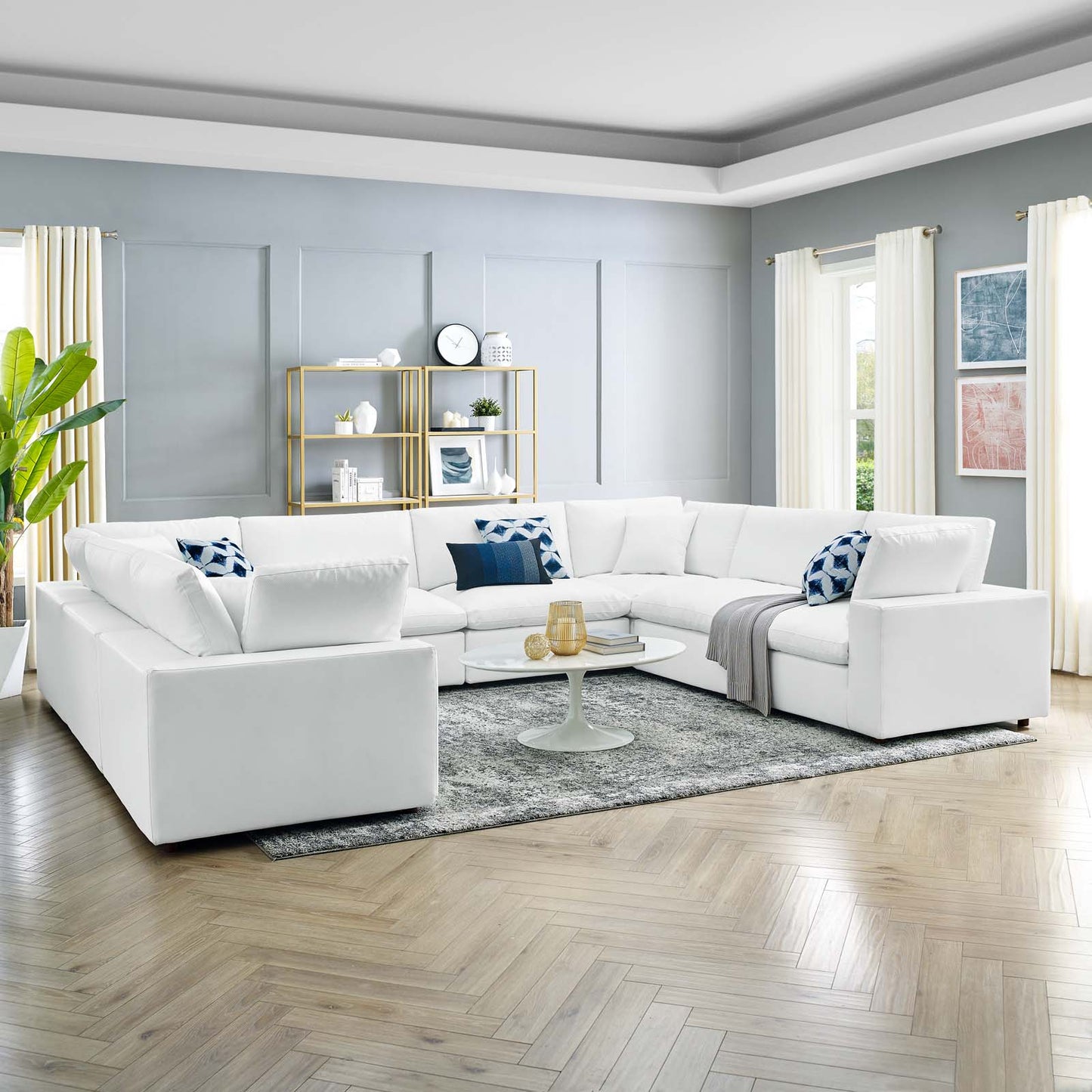 Commix Down Filled Overstuffed Vegan Leather 8-Piece Sectional Sofa, Faux Vegan Leather, White, 20726