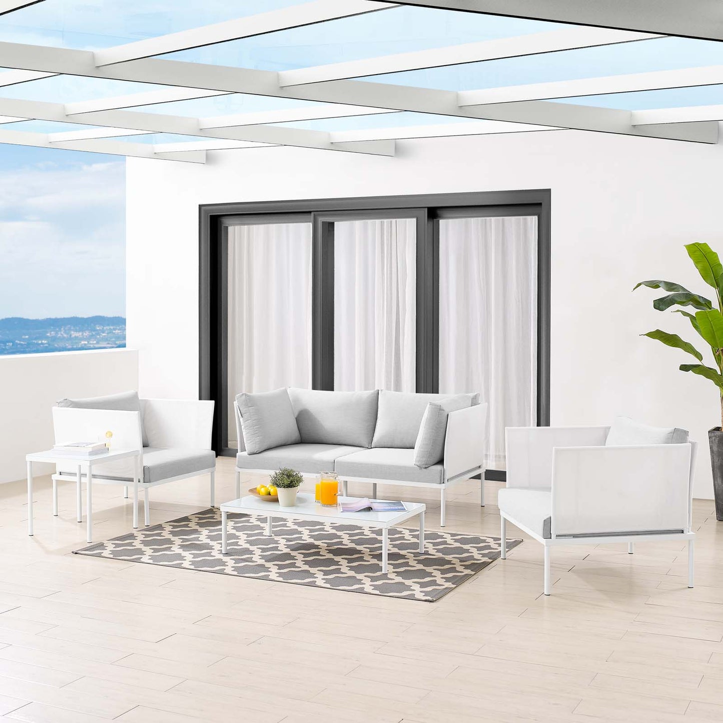 Harmony 5-Piece Sunbrella® Outdoor Patio Aluminum Furniture Set, Aluminum, Metal, Steel, White Grey Gray, 20727