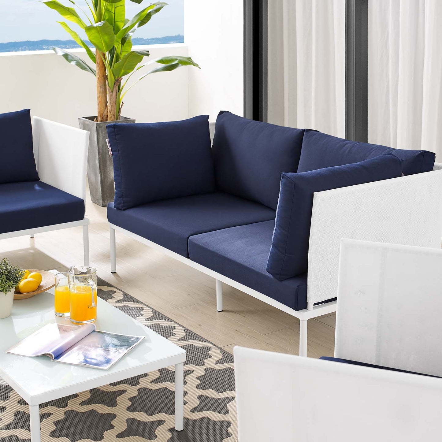 Harmony 5-Piece Sunbrella® Outdoor Patio Aluminum Furniture Set, Aluminum, Metal, Steel, White Blue Navy, 20728