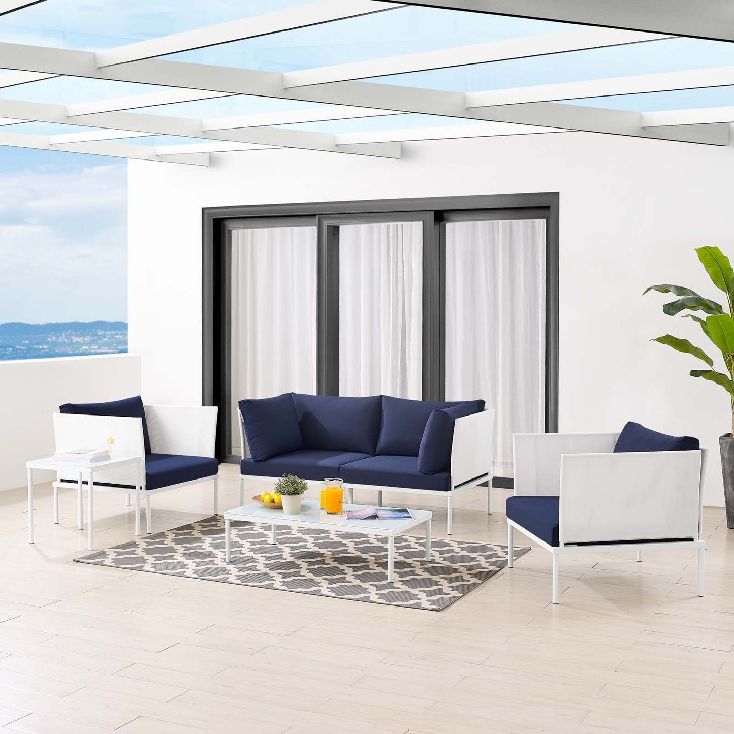 Harmony 5-Piece Sunbrella® Outdoor Patio Aluminum Furniture Set, Aluminum, Metal, Steel, White Blue Navy, 20728