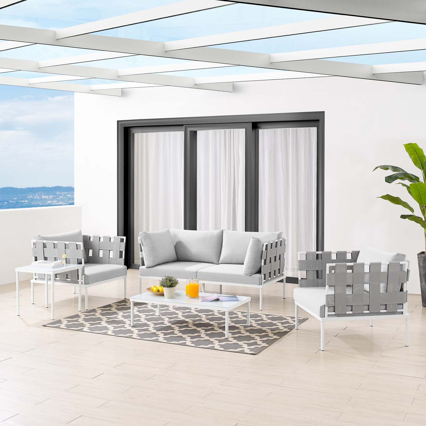 Harmony 5-Piece Sunbrella® Outdoor Patio Aluminum Furniture Set, Aluminum, Metal, Steel, Grey Gray, 20729