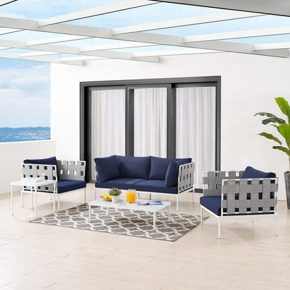 Harmony 5-Piece Sunbrella® Outdoor Patio Aluminum Furniture Set, Aluminum, Metal, Steel, Grey Gray Blue Navy, 20730