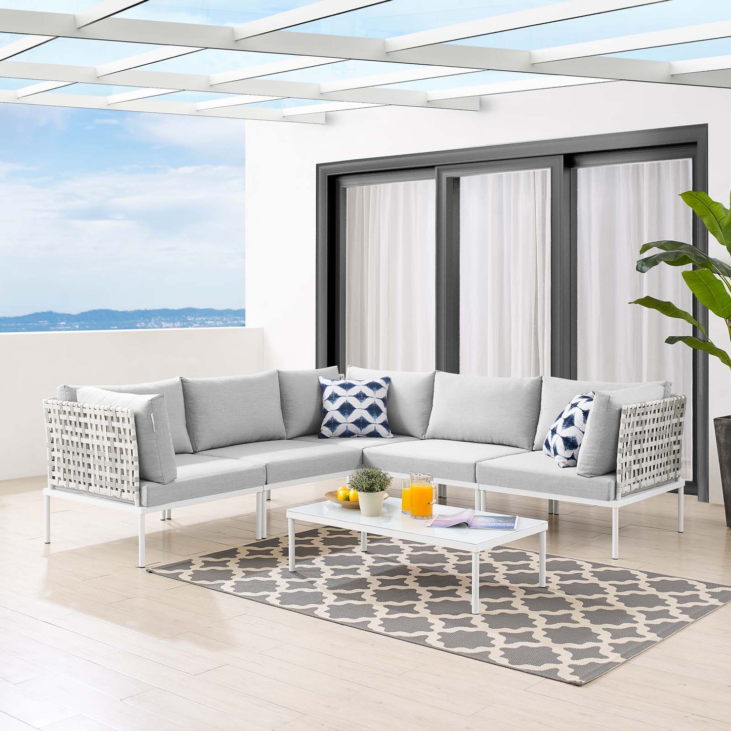Harmony 6-Piece Sunbrella® Basket Weave Outdoor Patio Aluminum Sectional Sofa Set, Aluminum, Metal, Steel, Grey Gray, 20731