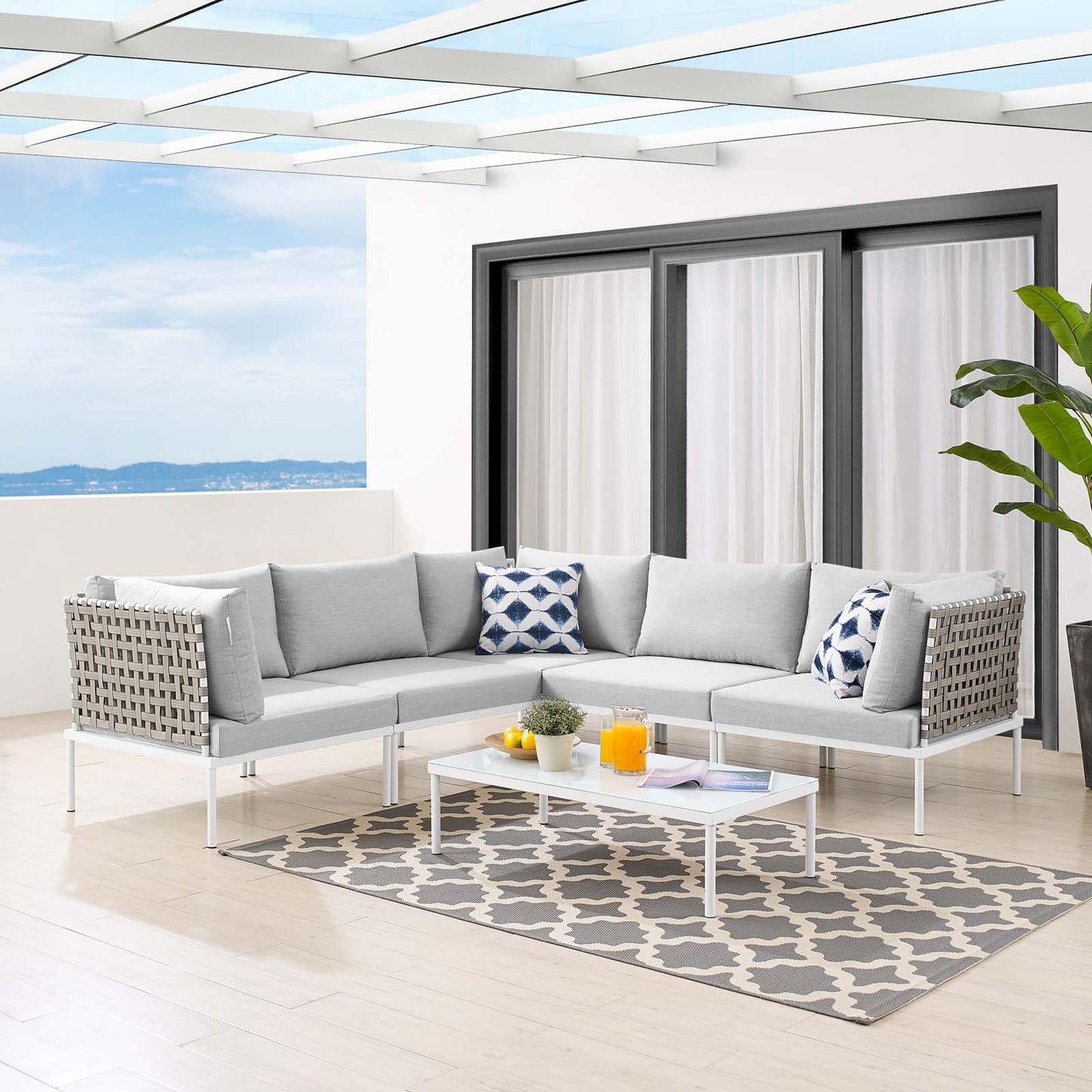 Harmony 6-Piece Sunbrella® Basket Weave Outdoor Patio Aluminum Sectional Sofa Set, Aluminum, Metal, Steel, Grey Gray, 20733