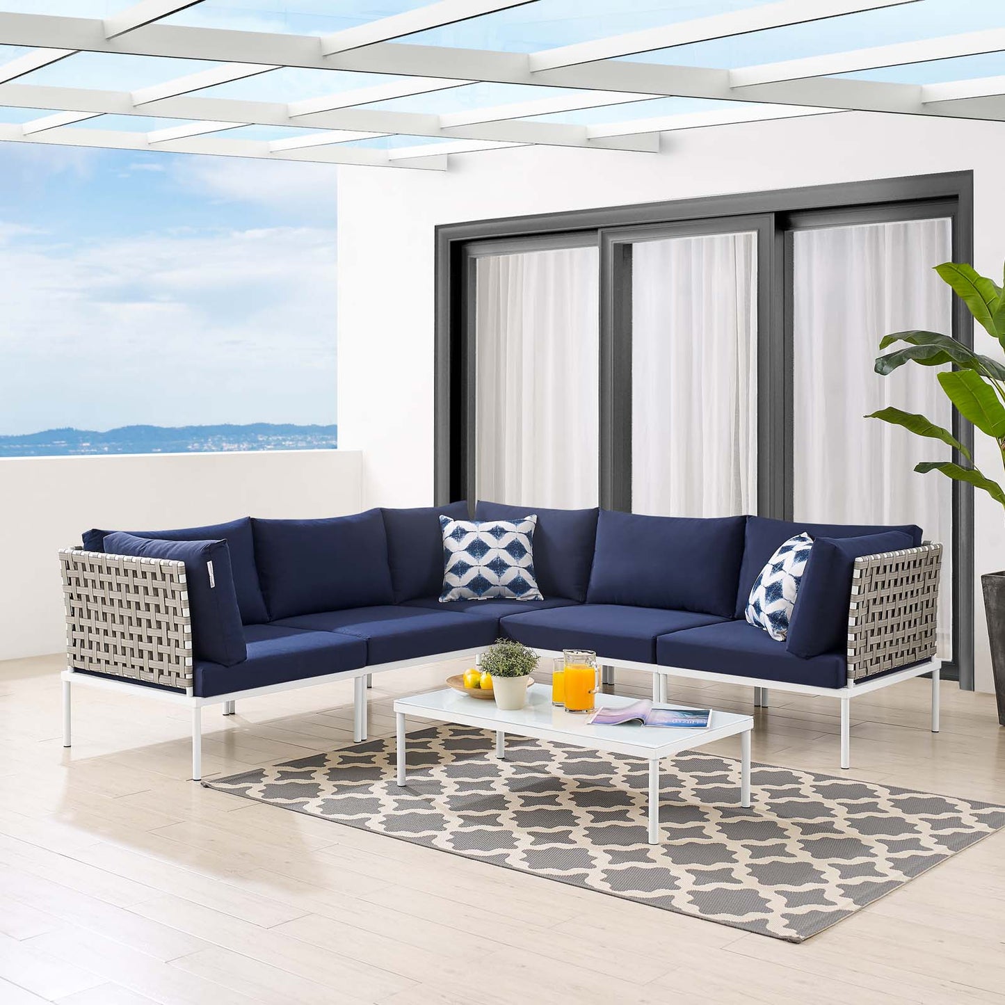 Harmony 6-Piece Sunbrella® Basket Weave Outdoor Patio Aluminum Sectional Sofa Set, Aluminum, Metal, Steel, Blue Navy, 20734