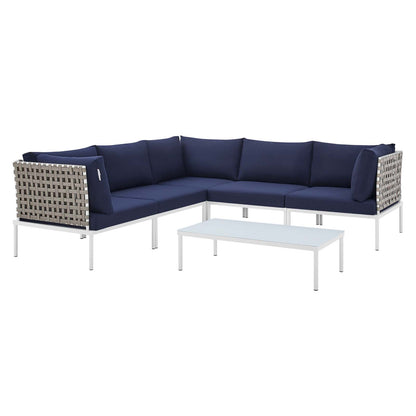 Harmony 6-Piece Sunbrella® Basket Weave Outdoor Patio Aluminum Sectional Sofa Set, Aluminum, Metal, Steel, Blue Navy, 20734