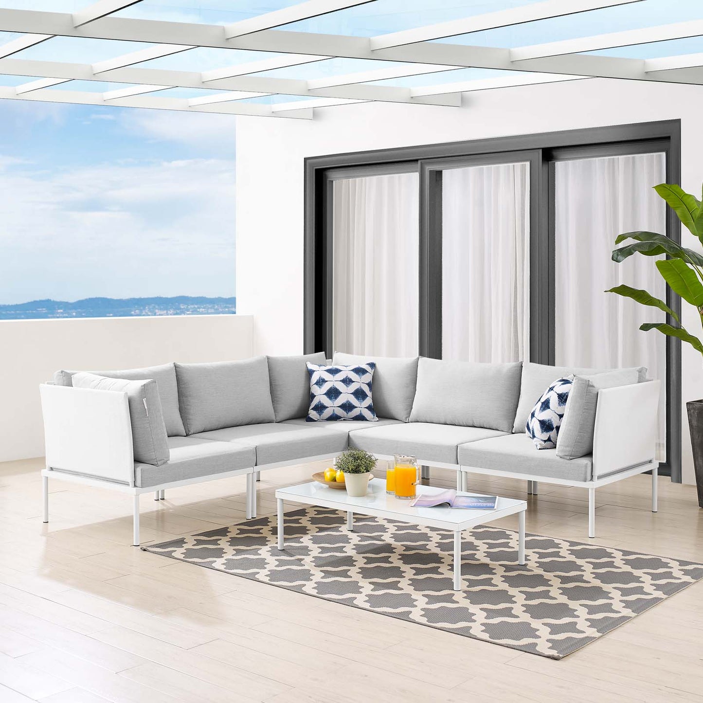 Harmony 6-Piece Sunbrella® Outdoor Patio Aluminum Sectional Sofa Set, Aluminum, Metal, Steel, White Grey Gray, 20735