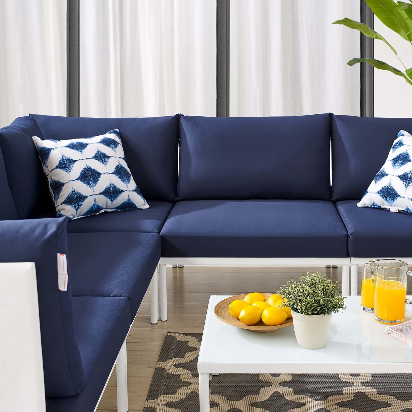 Harmony 6-Piece Sunbrella® Outdoor Patio Aluminum Sectional Sofa Set, Aluminum, Metal, Steel, White Blue Navy, 20736
