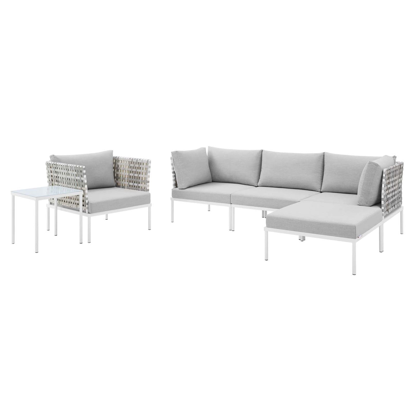 Harmony 6-Piece Sunbrella® Basket Weave Outdoor Patio Aluminum Seating Set, Aluminum, Metal, Steel, Grey Gray, 20739