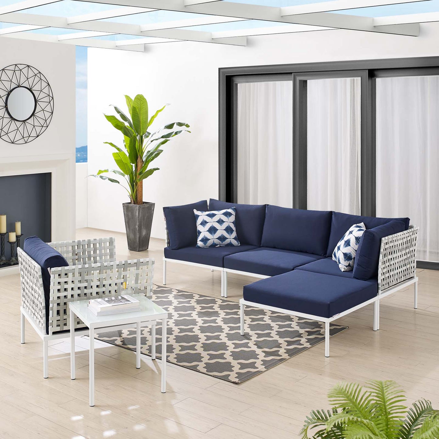Harmony 6-Piece Sunbrella® Basket Weave Outdoor Patio Aluminum Seating Set, Aluminum, Metal, Steel, Blue Navy, 20740
