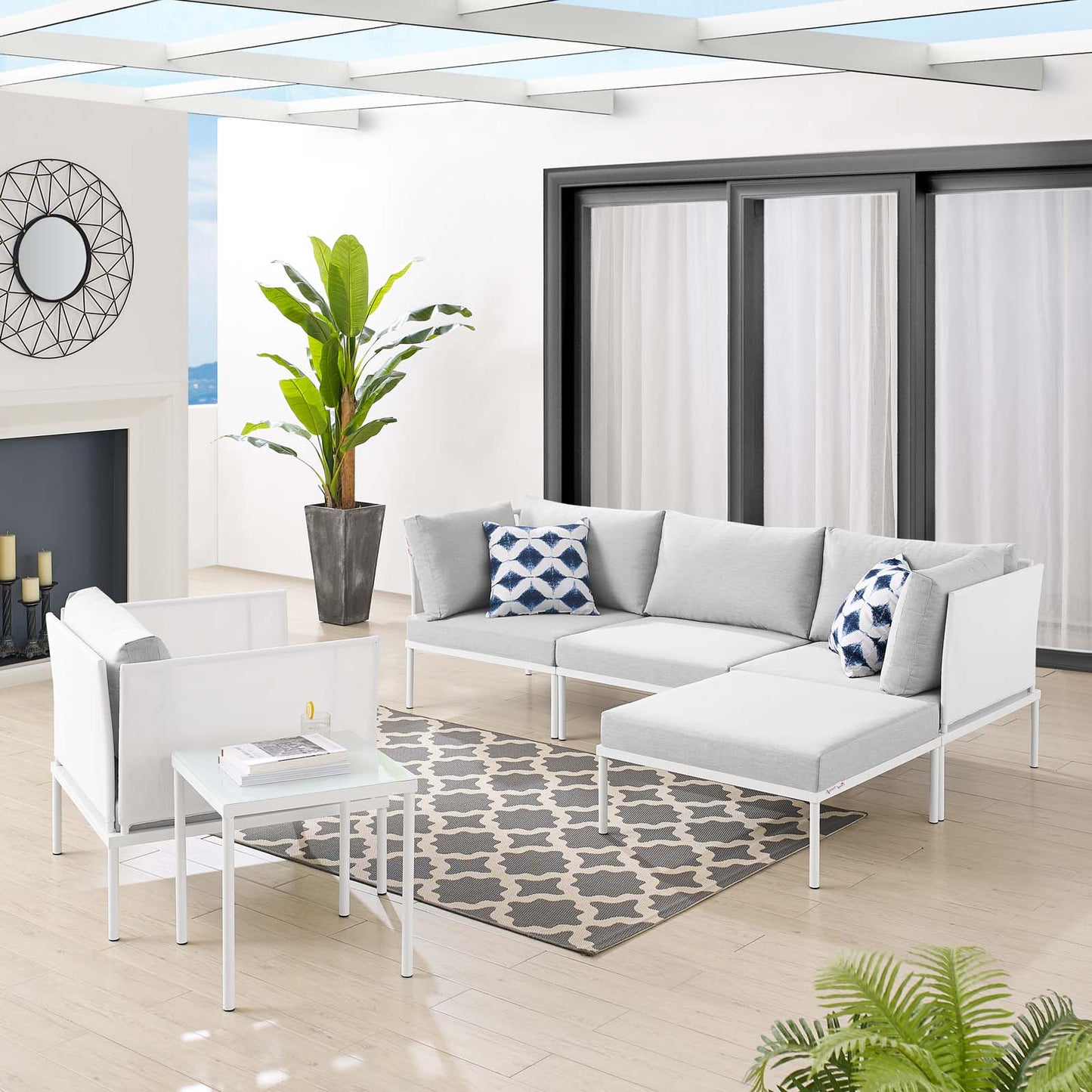 Harmony 6-Piece Sunbrella® Outdoor Patio Aluminum Seating Set, Aluminum, Metal, Steel, White Grey Gray, 20743