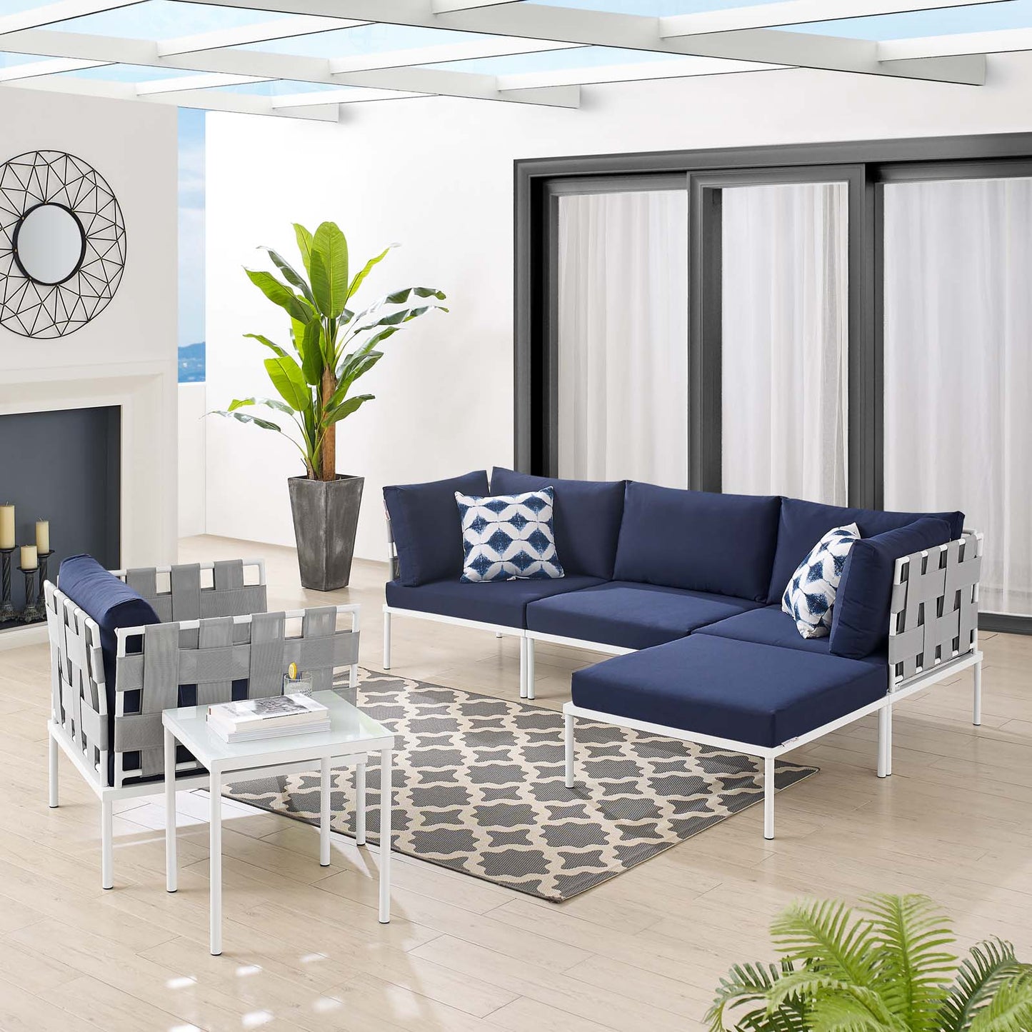 Harmony 6-Piece Sunbrella® Outdoor Patio Aluminum Seating Set, Aluminum, Metal, Steel, Grey Gray Blue Navy, 20746
