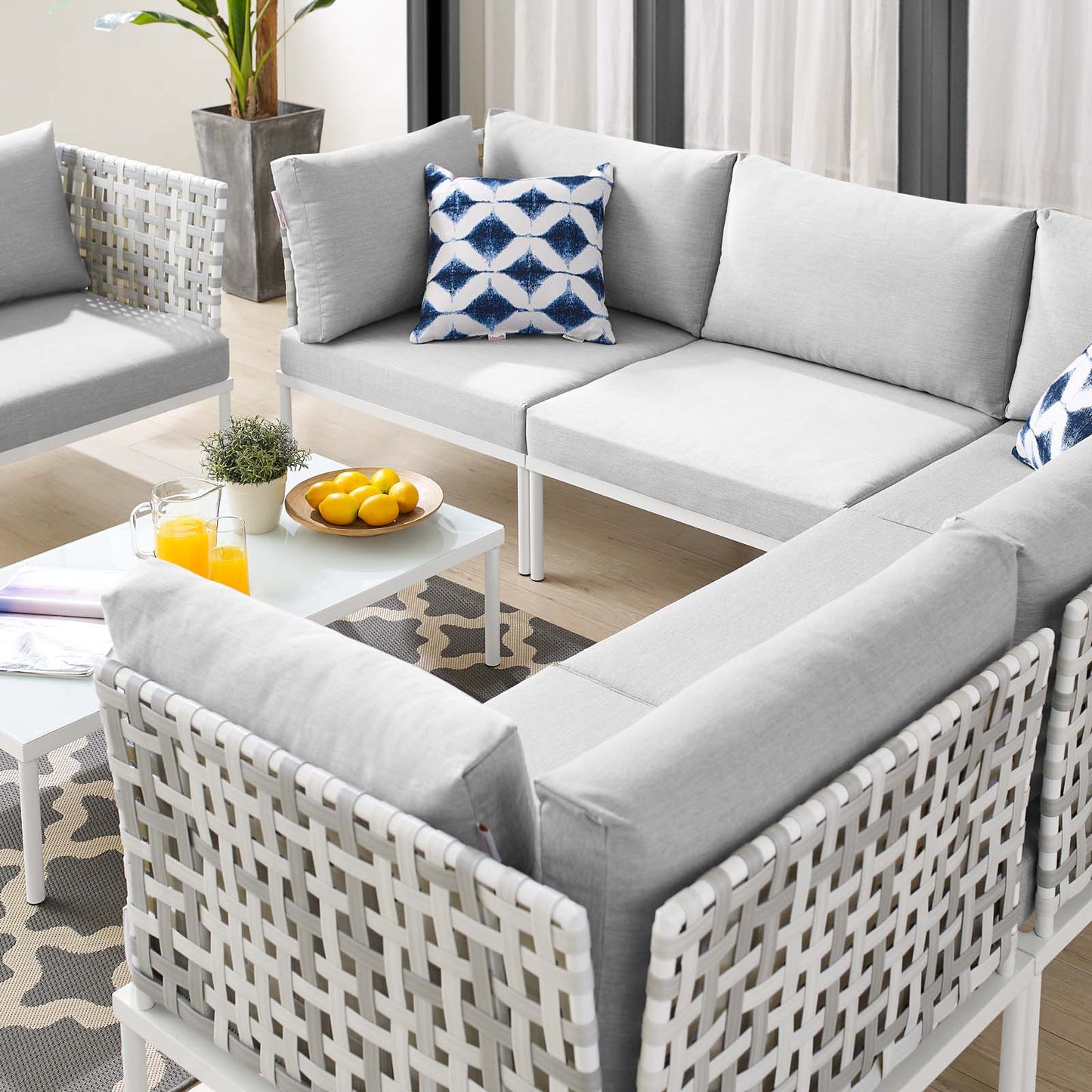 Harmony 7-Piece Sunbrella® Basket Weave Outdoor Patio Aluminum Sectional Sofa Set, Aluminum, Metal, Steel, Grey Gray, 20747