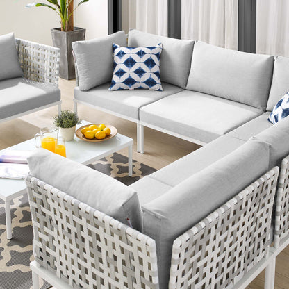 Harmony 7-Piece Sunbrella® Basket Weave Outdoor Patio Aluminum Sectional Sofa Set, Aluminum, Metal, Steel, Grey Gray, 20747