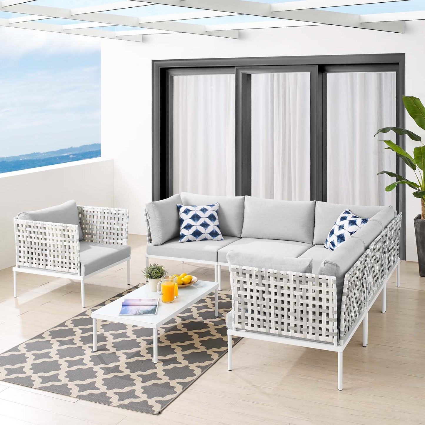 Harmony 7-Piece Sunbrella® Basket Weave Outdoor Patio Aluminum Sectional Sofa Set, Aluminum, Metal, Steel, Grey Gray, 20747