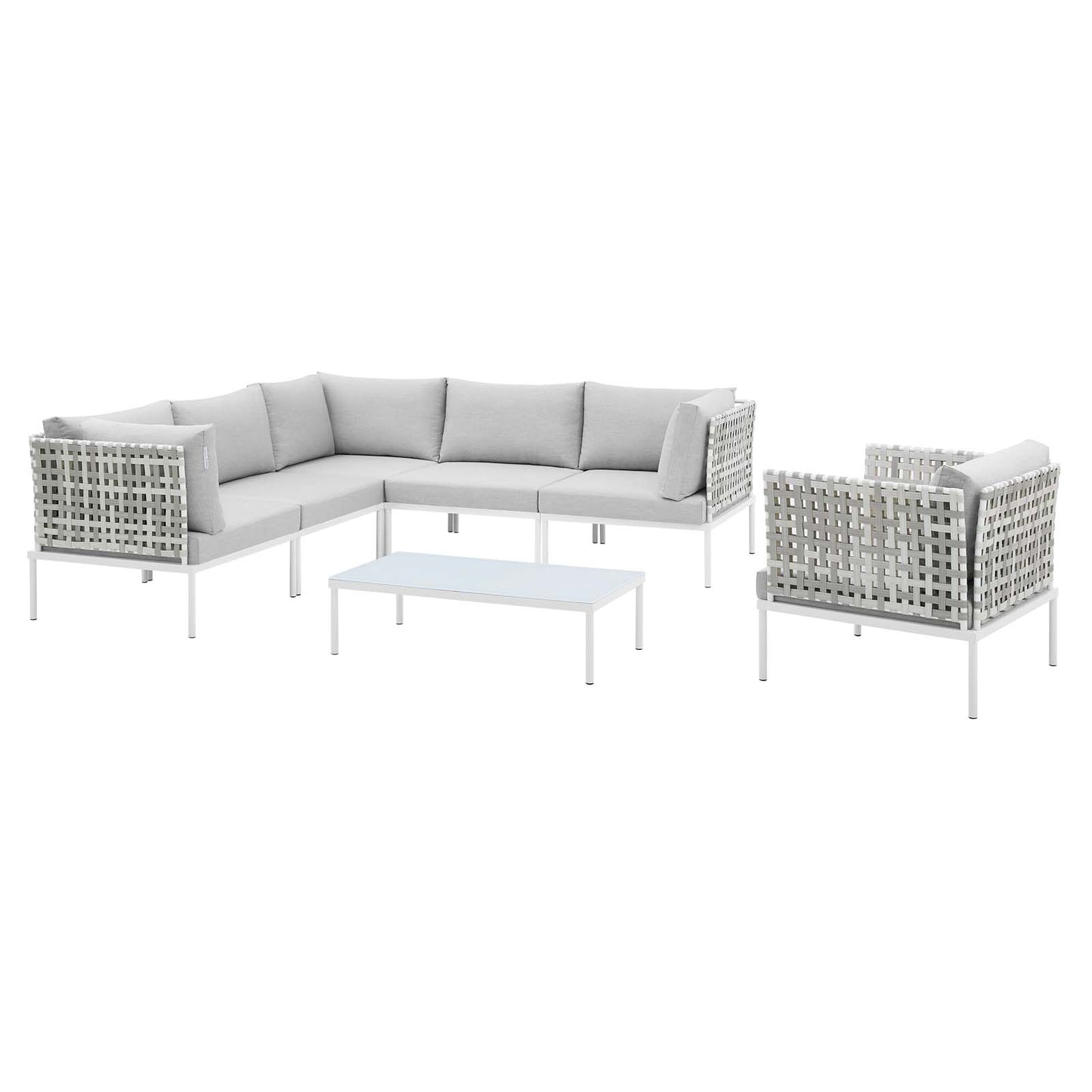 Harmony 7-Piece Sunbrella® Basket Weave Outdoor Patio Aluminum Sectional Sofa Set, Aluminum, Metal, Steel, Grey Gray, 20747