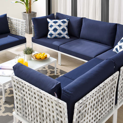 Harmony 7-Piece Sunbrella® Basket Weave Outdoor Patio Aluminum Sectional Sofa Set, Aluminum, Metal, Steel, Blue Navy, 20748