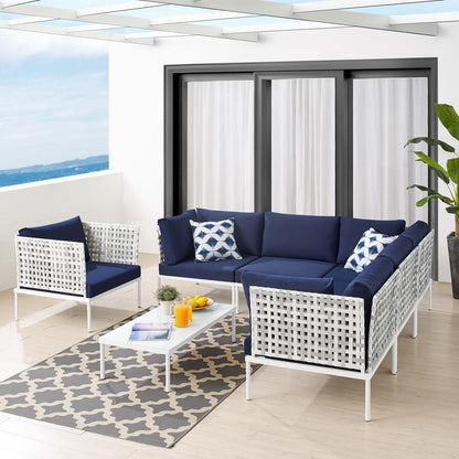 Harmony 7-Piece Sunbrella® Basket Weave Outdoor Patio Aluminum Sectional Sofa Set, Aluminum, Metal, Steel, Blue Navy, 20748