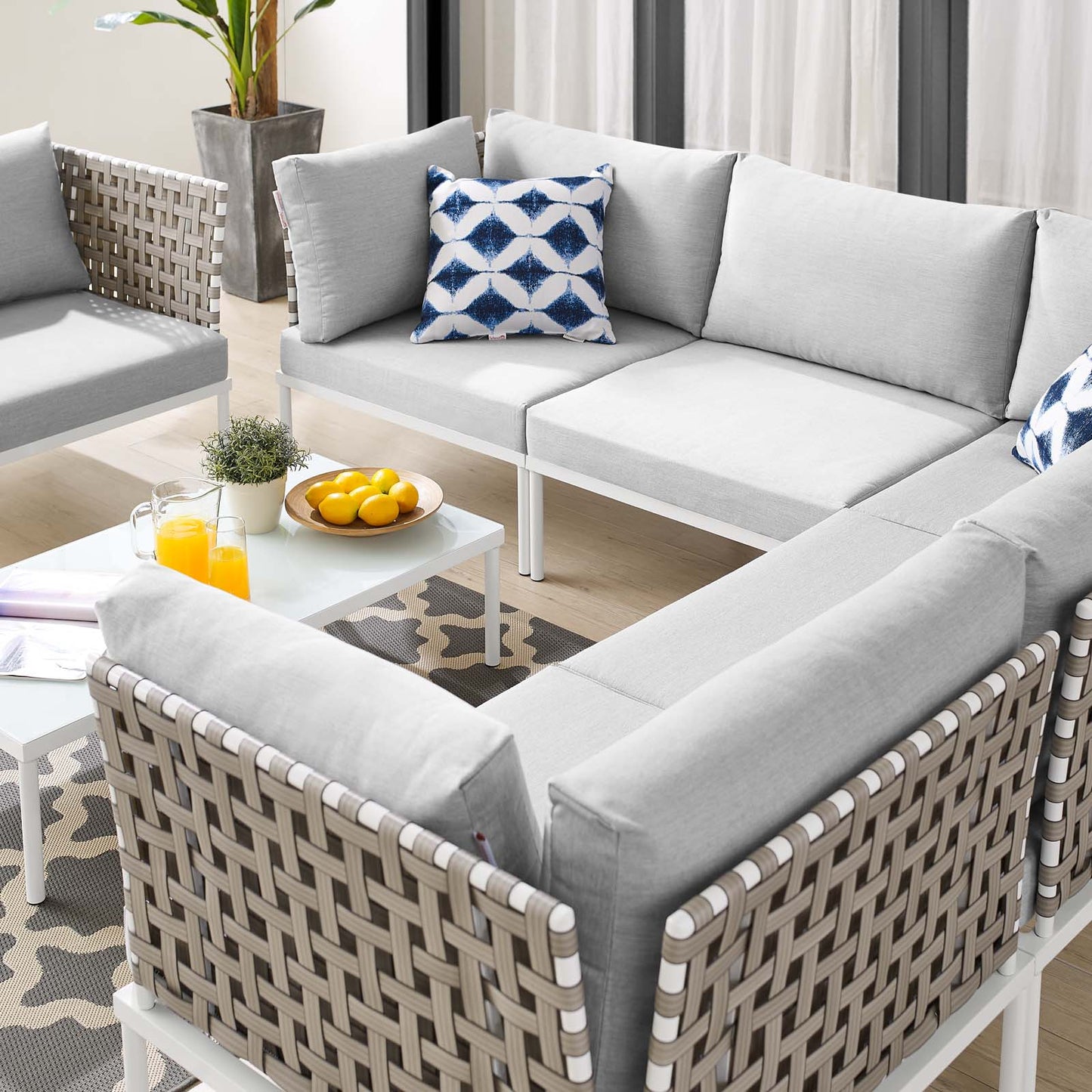 Harmony 7-Piece Sunbrella® Basket Weave Outdoor Patio Aluminum Sectional Sofa Set, Aluminum, Metal, Steel, Grey Gray, 20749