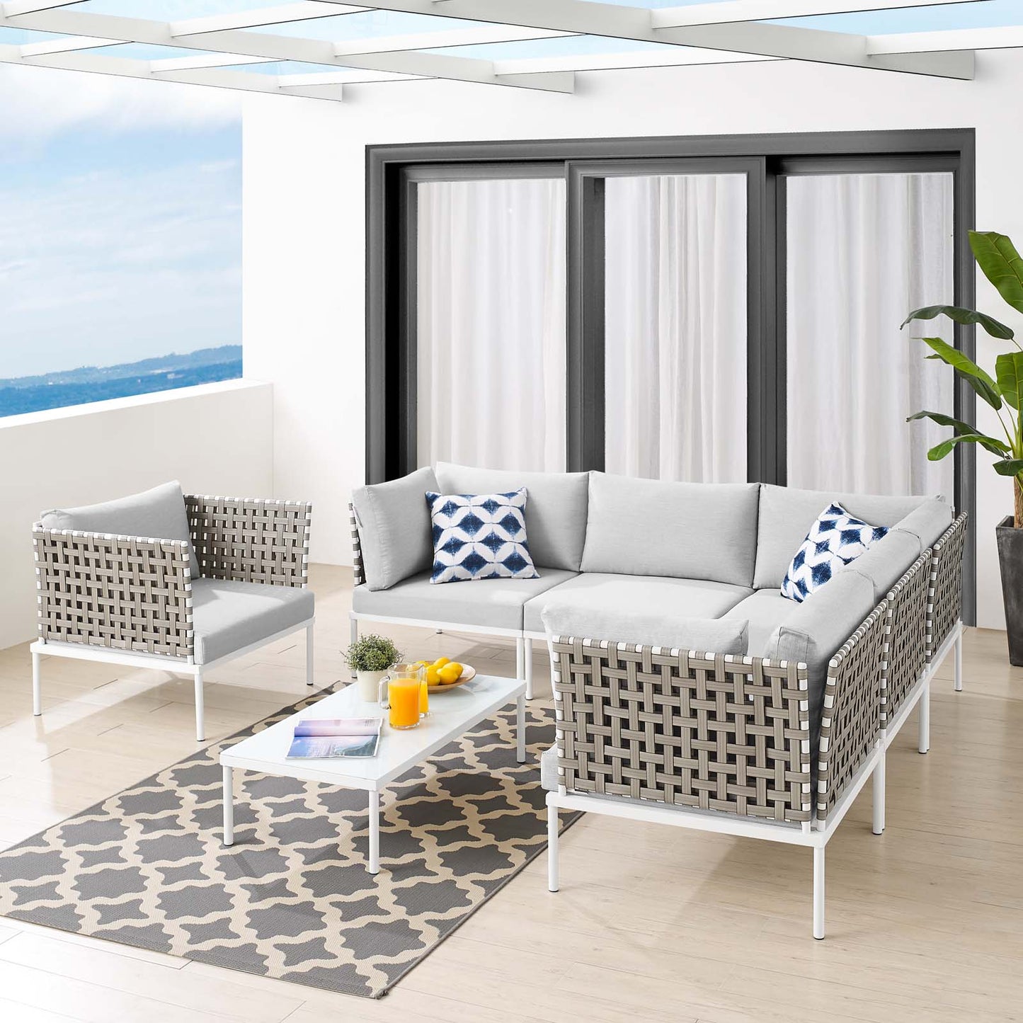 Harmony 7-Piece Sunbrella® Basket Weave Outdoor Patio Aluminum Sectional Sofa Set, Aluminum, Metal, Steel, Grey Gray, 20749