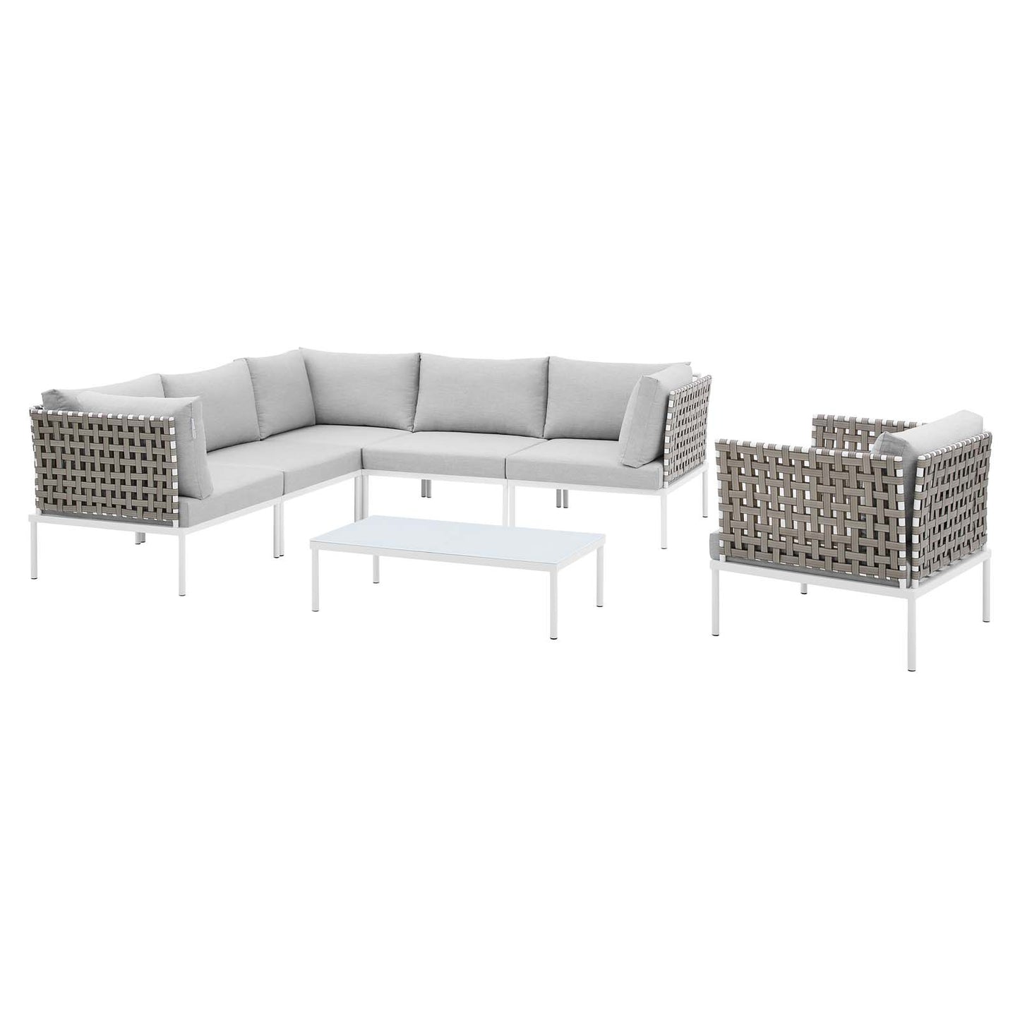 Harmony 7-Piece Sunbrella® Basket Weave Outdoor Patio Aluminum Sectional Sofa Set, Aluminum, Metal, Steel, Grey Gray, 20749