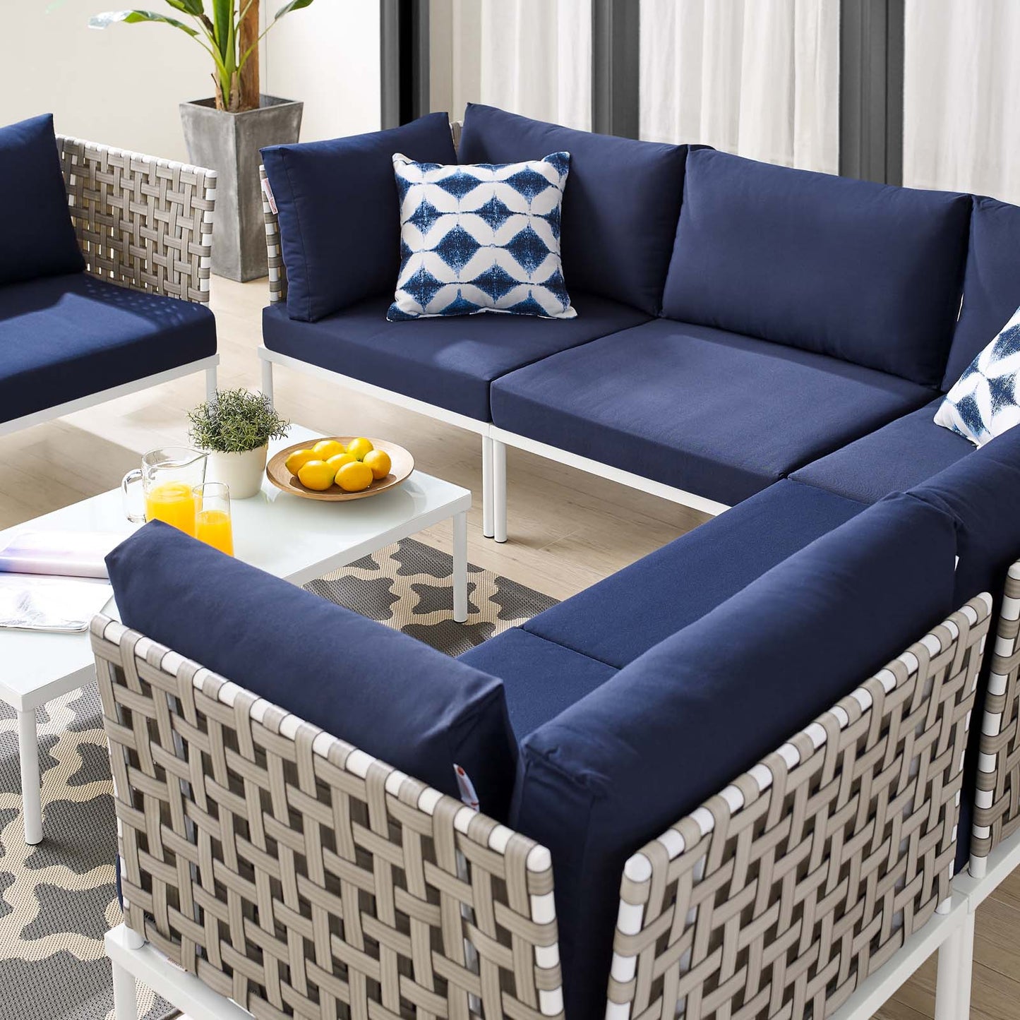 Harmony 7-Piece Sunbrella® Basket Weave Outdoor Patio Aluminum Sectional Sofa Set, Aluminum, Metal, Steel, Blue Navy, 20750