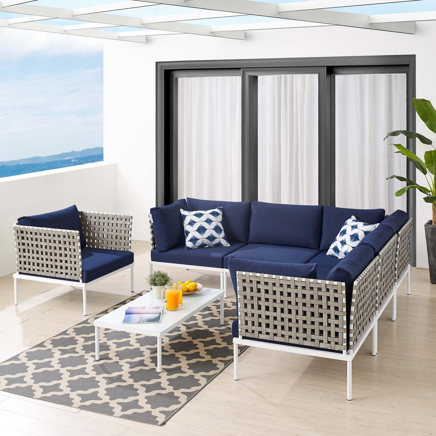 Harmony 7-Piece Sunbrella® Basket Weave Outdoor Patio Aluminum Sectional Sofa Set, Aluminum, Metal, Steel, Blue Navy, 20750
