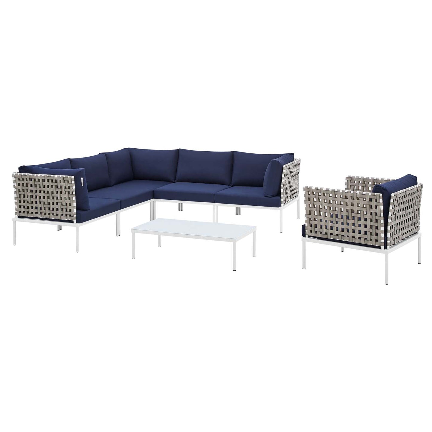 Harmony 7-Piece Sunbrella® Basket Weave Outdoor Patio Aluminum Sectional Sofa Set, Aluminum, Metal, Steel, Blue Navy, 20750