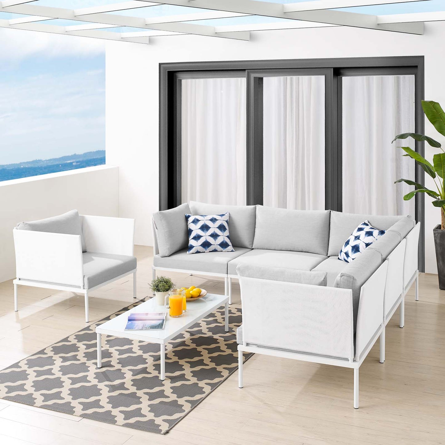 Harmony 7-Piece Sunbrella® Outdoor Patio Aluminum Sectional Sofa Set, Aluminum, Metal, Steel, White Grey Gray, 20751
