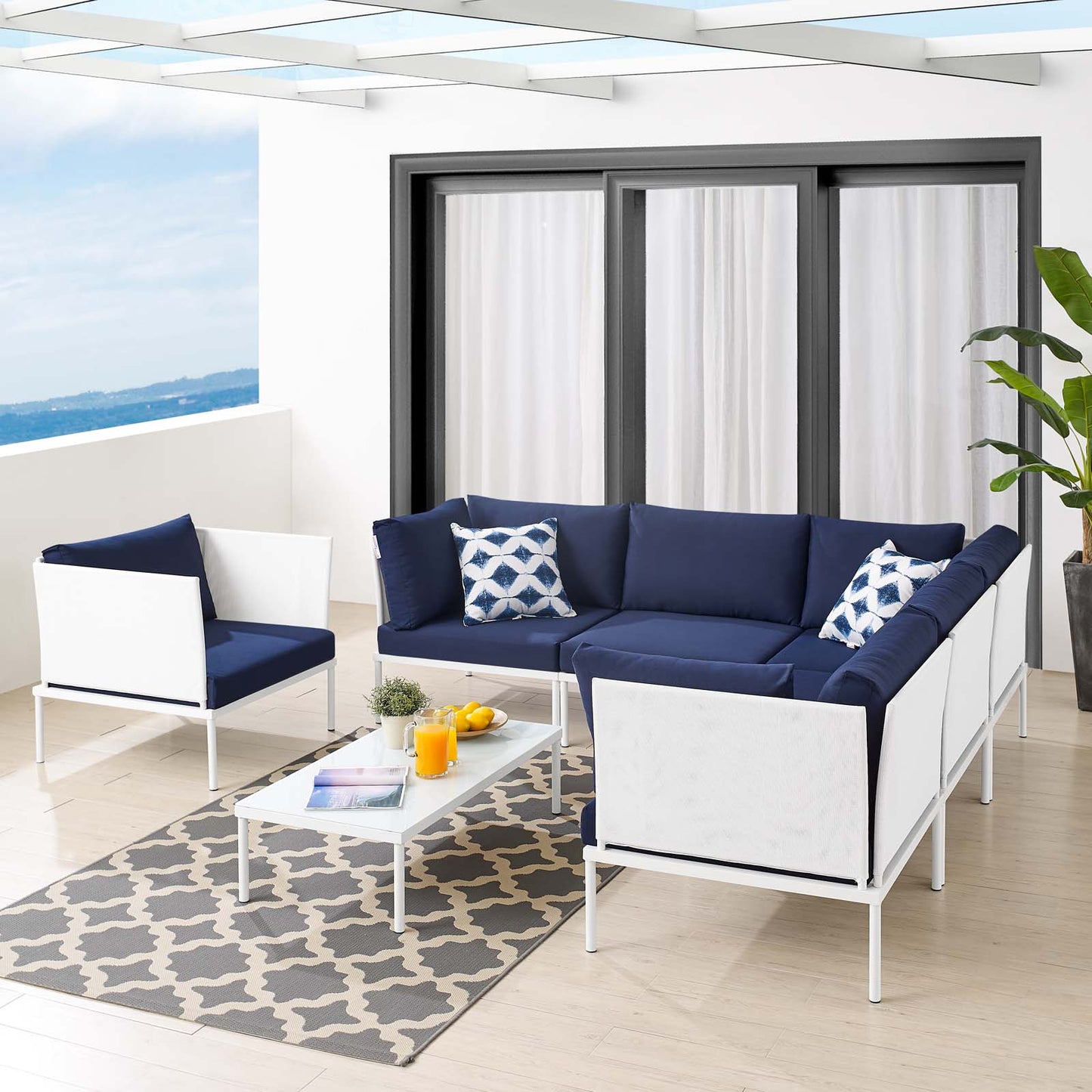 Harmony 7-Piece Sunbrella® Outdoor Patio Aluminum Sectional Sofa Set, Aluminum, Metal, Steel, White Blue Navy, 20752