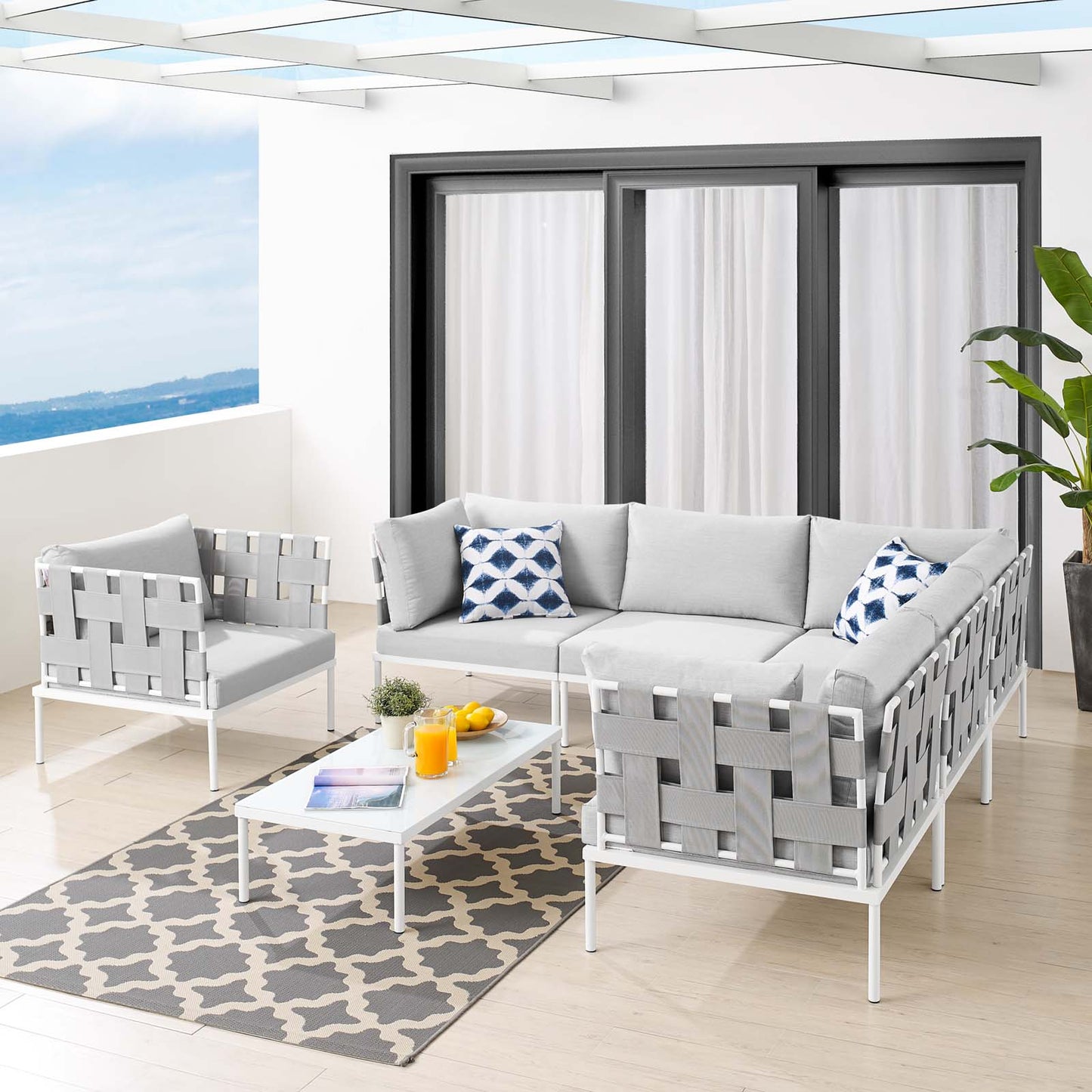 Harmony 7-Piece Sunbrella® Outdoor Patio Aluminum Sectional Sofa Set, Aluminum, Metal, Steel, Grey Gray, 20753