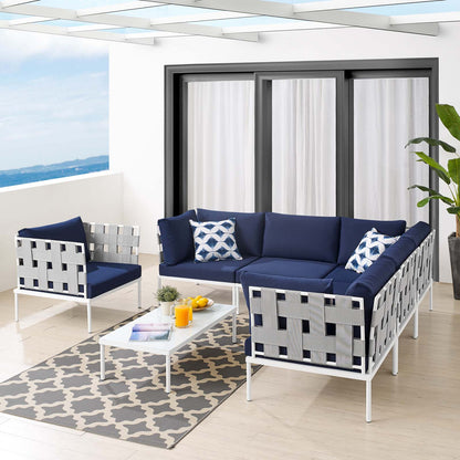 Harmony 7-Piece Sunbrella® Outdoor Patio Aluminum Sectional Sofa Set, Aluminum, Metal, Steel, Grey Gray Blue Navy, 20754