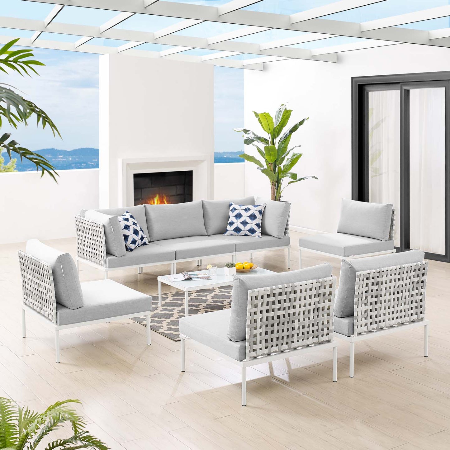 Harmony 8-Piece Sunbrella® Basket Weave Outdoor Patio Aluminum Sectional Sofa Set, Aluminum, Metal, Steel, Grey Gray, 20755