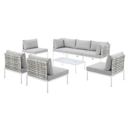 Harmony 8-Piece Sunbrella® Basket Weave Outdoor Patio Aluminum Sectional Sofa Set, Aluminum, Metal, Steel, Grey Gray, 20755