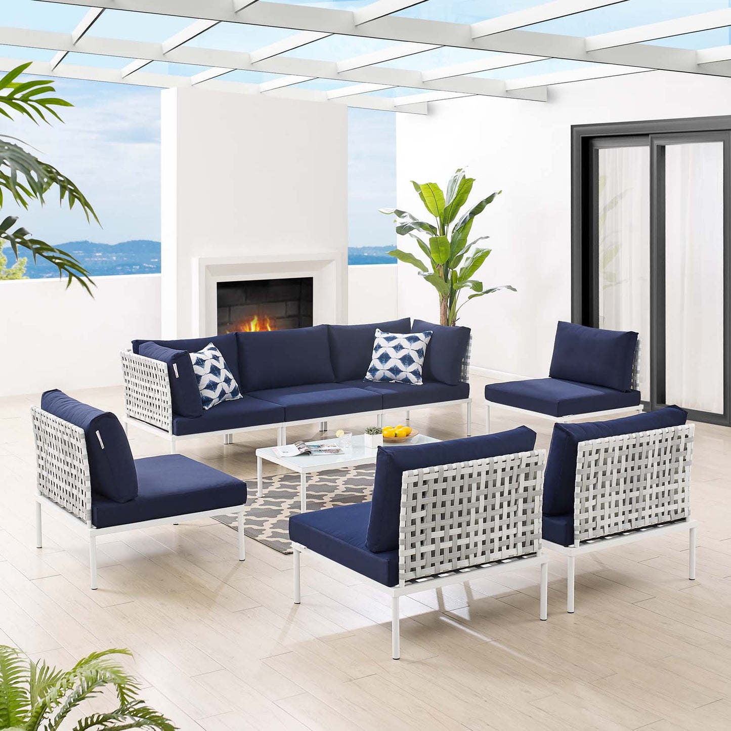 Harmony 8-Piece Sunbrella® Basket Weave Outdoor Patio Aluminum Sectional Sofa Set, Aluminum, Metal, Steel, Blue Navy, 20756