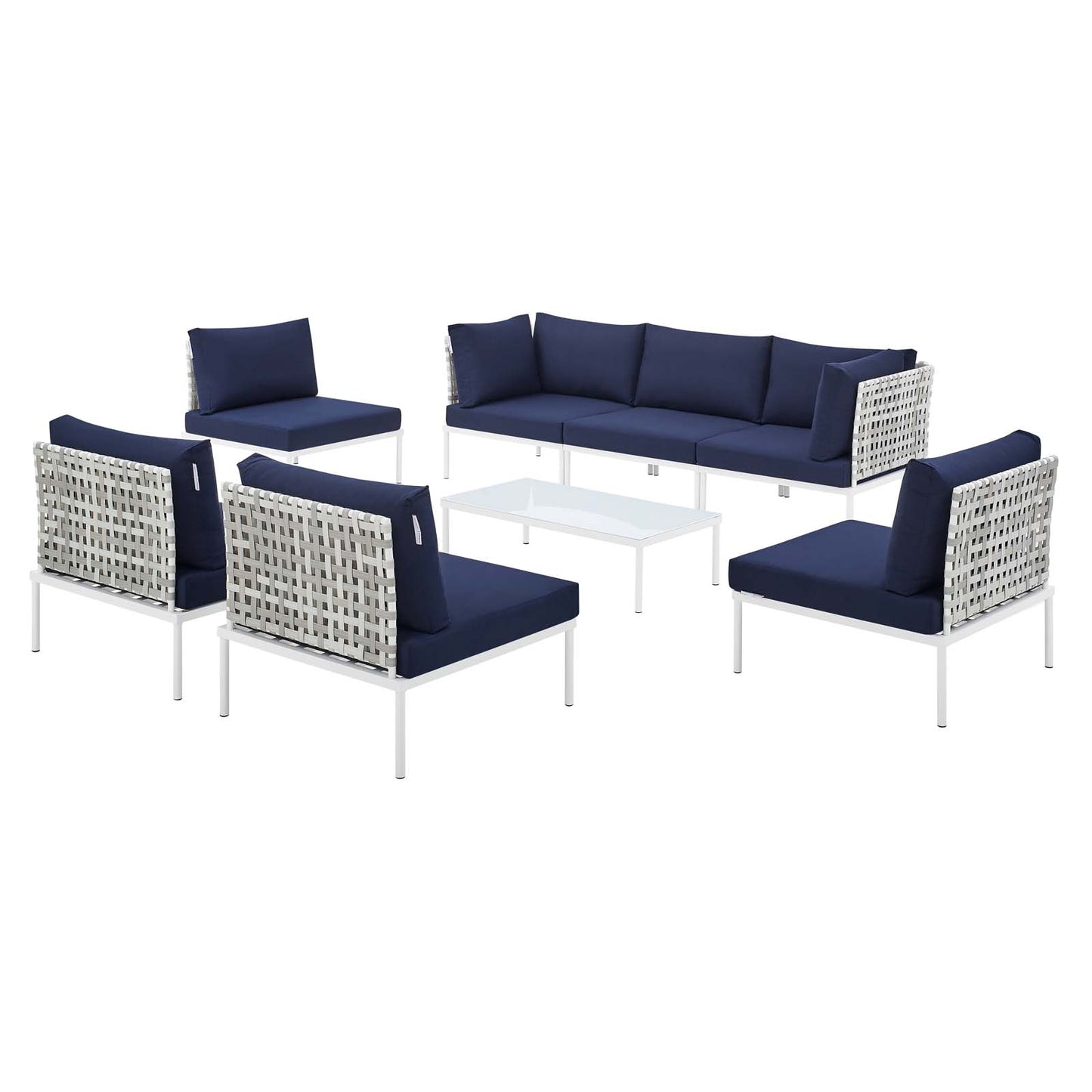 Harmony 8-Piece Sunbrella® Basket Weave Outdoor Patio Aluminum Sectional Sofa Set, Aluminum, Metal, Steel, Blue Navy, 20756